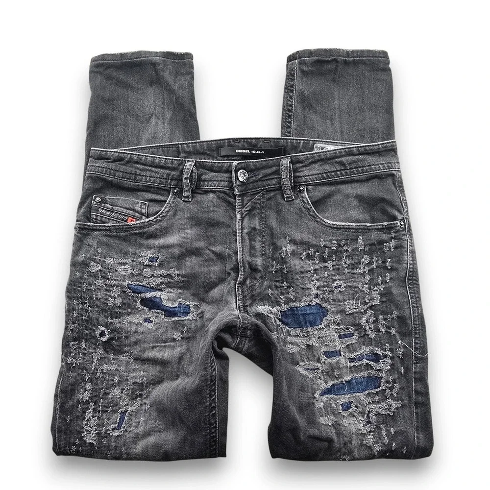 Diesel DNA Distressed Jeans Men 32 Black THOMMER Slim Skinny Patchwork Italy